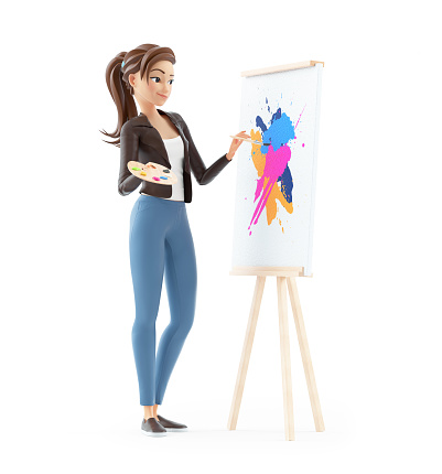 3d cartoon woman painting on canvas, illustration isolated on white background