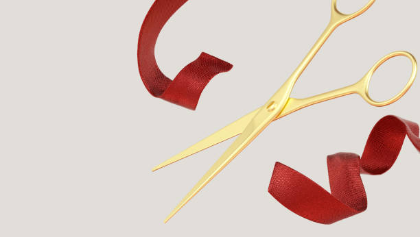 istock Grand opening cutting red ribbon, invitation banner template. Launch new presentation, 3d rendering 1802107013