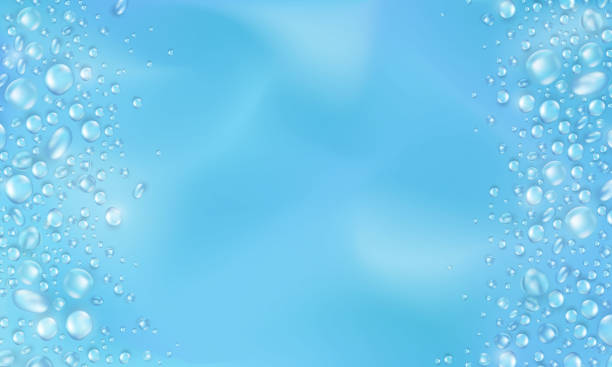 istock Soft blue blank wallpaper with realistic 3d pure water drops or condensation on surface. 1802119344