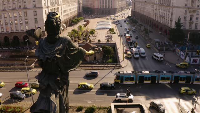 Drone view of a central street in Sofia