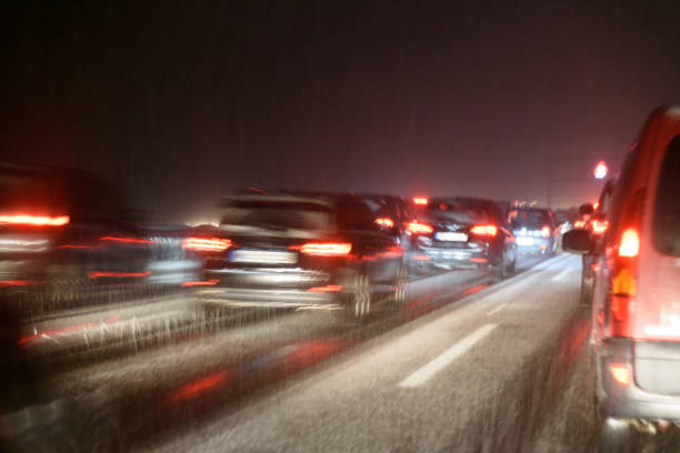 Ihtiman, Bulgaria - February 15, 2024: Fire and rescue units work at a car crash on the A1 highway junction near the town of Ihtiman, Bulgaria.