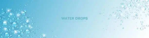 Vector illustration of Template of blue panoramic banner with realistic  pure water drops frame