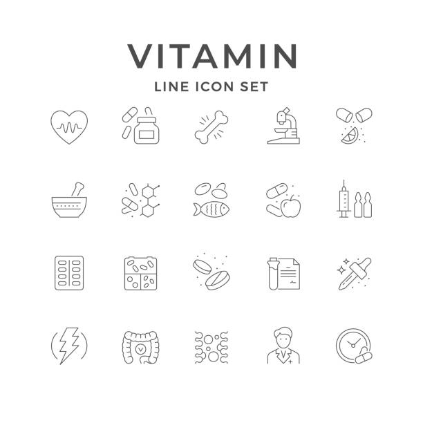 mengatur ikon garis vitamin - vitamin ilustrasi stok