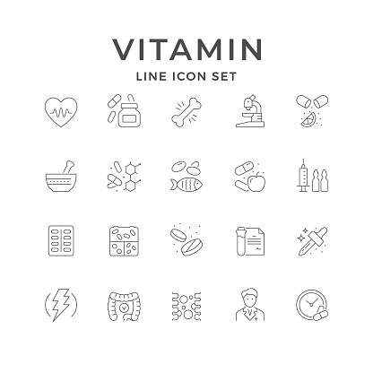 Set line icons of vitamin isolated on white. Supplement, doctor, mortar, heart and bone health, fish oil, mineral complex, pillbox. Vector illustration