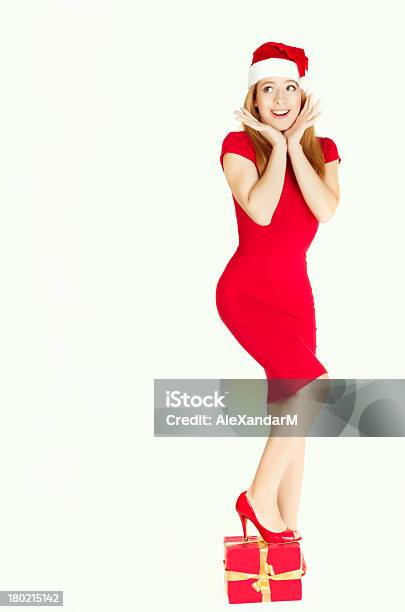 Happy Surprised Christmas Woman Stock Photo - Download Image Now - 20-24 Years, Adult, Adults Only