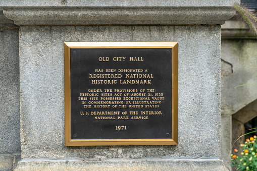 Boston city Hall sign outside the City Hall on School Street, Boston, Massachusetts, USA.