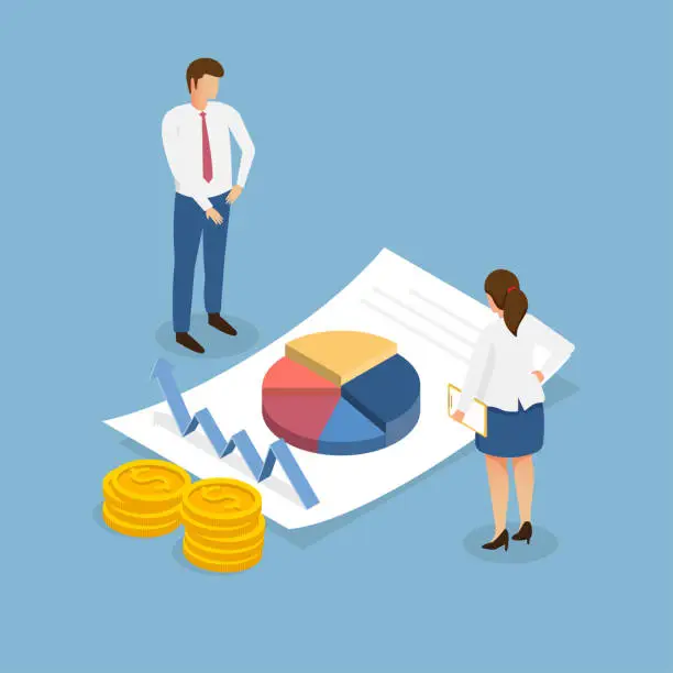 Vector illustration of Businessman standing near sheet of paper with pie chart talking about business