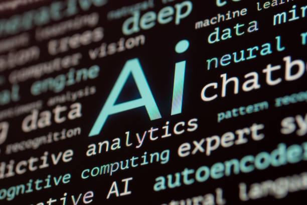 Photo of computer monitor showing clouds of AI tags Photo of computer monitor showing clouds of AI tags. Concept of modern neural networks, big data and machine learning telegram machine photos stock pictures, royalty-free photos & images