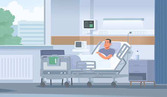 Sick man lies in bed in a ward in a hospital. Hospitalization of the patient. Vector illustration in flat style