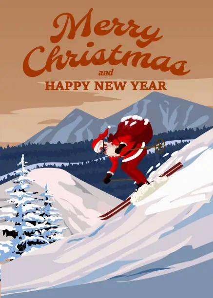 Vector illustration of Poster retro Merry Christmas, Santa Claus skiing in snow mountains
