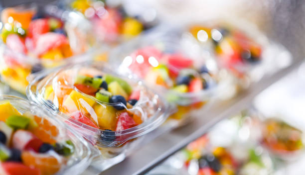 istock Boxes with pre-packaged fruit salads in a commercial fridge 1802161602