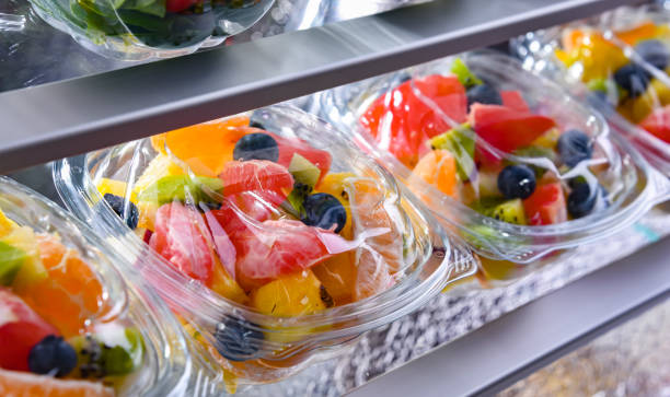 istock Boxes with pre-packaged fruit salads in a commercial fridge 1802161645