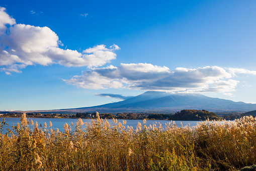 Lake Kawaguchiko is a popular tourist attraction with a beautiful cloud-capped backdrop of Mount Fuji.