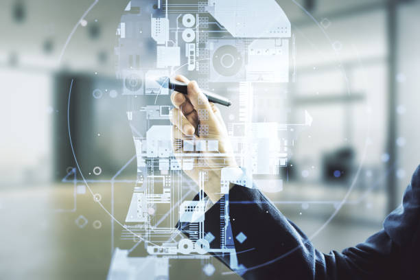 istock Double exposure of man hand with pen working with creative artificial Intelligence hologram on blurred office background. Neural networks and machine learning concept 1802167743