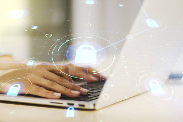 istock Creative lock sketch with chip hologram and hands typing on computer keyboard on background, protection of personal data concept. Multiexposure 1802168261