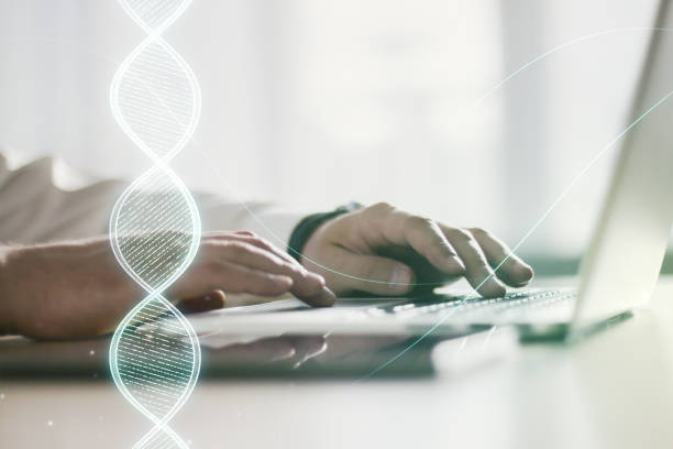 istock Creative concept with DNA symbol illustration and hands typing on laptop on background. Genome research concept. Multiexposure 1802168265