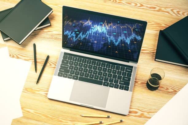 istock Modern computer monitor with abstract creative financial chart with world map, research and strategy concept. 3D Rendering 1802168852