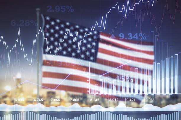 istock Multi exposure of virtual creative financial chart hologram on USA flag and blurry skyscrapers background, research and analytics concept 1802168871