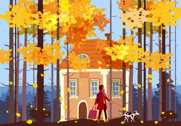 Vector illustration of Autumn landscape, woman in autumn coat walking the dog, house