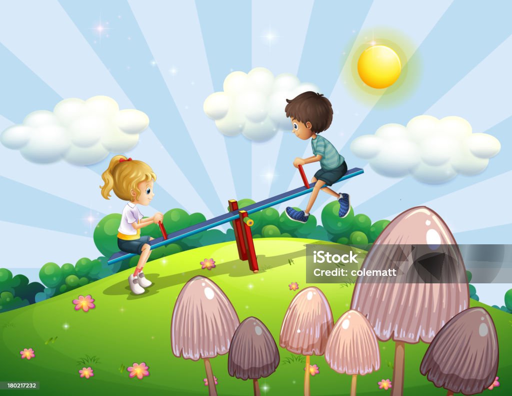 Chłopiec i dziewczynka jechać na Huśtawka - Grafika wektorowa royalty-free (Chmura)