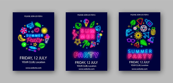 Summer party neon vertical posters collection. Beach event flyers set. Light advertisings template. Circle layout with icons. Season celebration banner. Editing text. Vector stock illustration