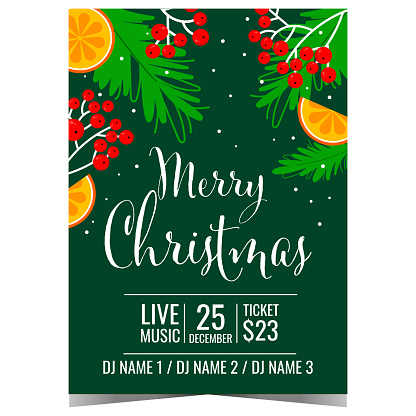 Party invitation to celebrate Christmas in festive and cheerful ambiance. Merry Christmas event invite, promo poster or banner with winter holidays decorations. Vector illustration in flat style.