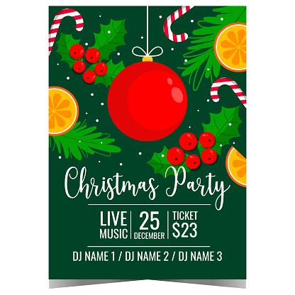 Christmas party invitation with holidays decorations as red Christmas ball, holly berries and traditional candy canes. Invite, poster or banner to celebrate Christmas in happy and cheerful atmosphere.