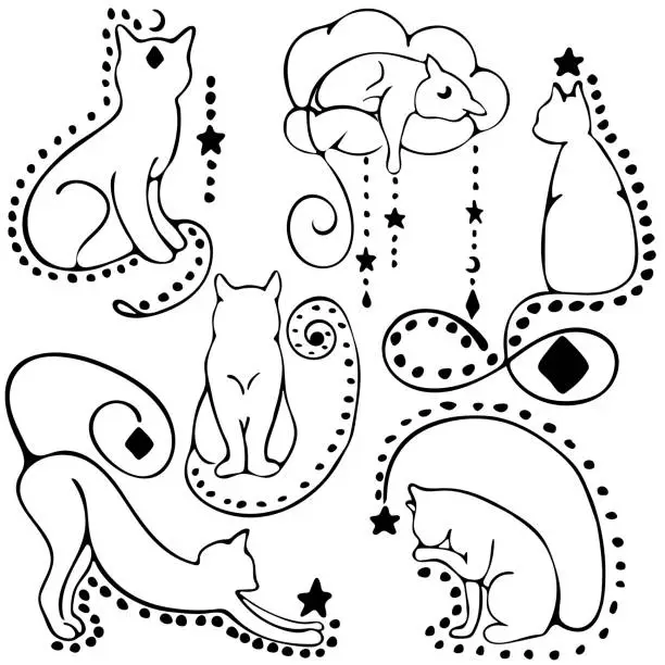 Vector illustration of A collection of beautyful cats in different poses, hand-drawn in the style of doodles