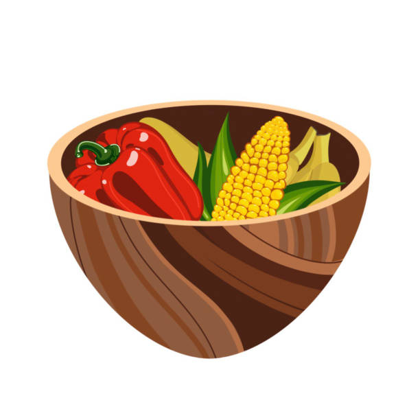 ilustrações de stock, clip art, desenhos animados e ícones de harvest in a wooden bowl pepper banana corn cob on kwanzaa illustration on a white background hand drawn - corn on the cob corn corn crop white background