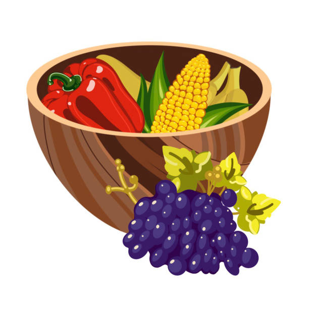 ilustrações de stock, clip art, desenhos animados e ícones de harvest in a wooden bowl pepper banana grapes corn cob on kwanzaa illustration on a white background hand drawn - corn on the cob corn corn crop white background