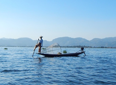 July 7, 2023, Inle Lake, Myanmar. Fishing in lnle lake. Inle Lake, in Myanmar, is one of the places where traditional fishing is still carried out, this being one of the tourist attractions in the area.