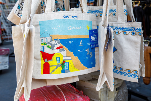 Santorini, Greece - September 3rd 2023: Fashion Accessories in Firá on Santorini in South Aegean Islands, Greece