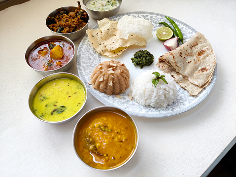 Closeup of traditional Maharashtrian cuisine and food meal thali of Maharashtra India