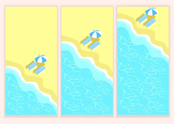 Vector illustration of Set of beaches with waves and sun loungers with a sun umbrella