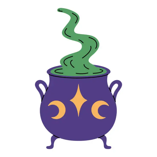 Vector illustration of Purple witches cauldron with brewing green potion isolated on white background. Pot with star and moons. Witchcraft vector flat illustration