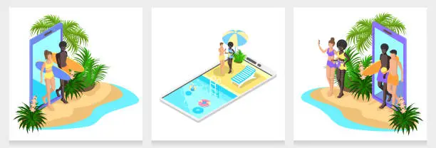 Vector illustration of Set of Isometric people on vacation in the phone