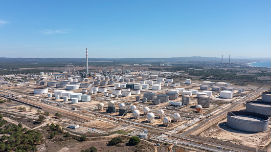 Portugal Sines oil terminal storage tanks, aerial view, oil and gas storage tanks, oil refinery chemical products.