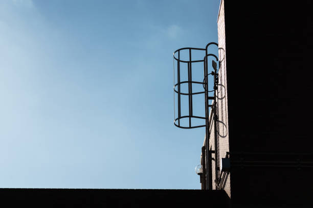 Ladder with safety cage at the factory plant rooftop on sunny day blue sky as background. Building exterior equipment object. Photo contained high contrast ratio between bright and shadow.