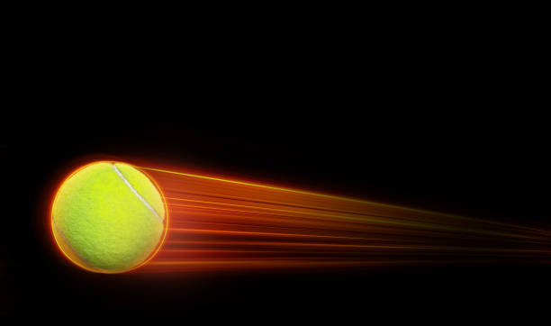 pelota de tenis volando con efecto mágico rápido en fondo negro llama naranja. - athlete flying tennis recreational pursuit fotografías e imágenes de stock