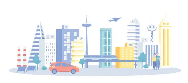 Vector illustration of Smart Modern City. Urban architecture and infrastructure. Innovative technologies for saving the planet. Vector illustration with character situation for web.