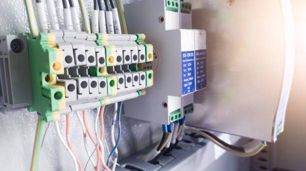 istock Close up the Electrical Power circuit Control with wire terminal connection 1802267578