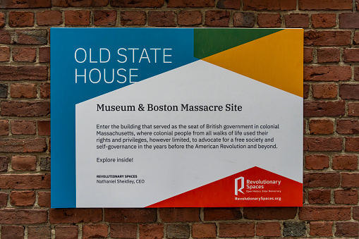 The sign on the outside of Old State House, Boston, Massachusetts, USA.