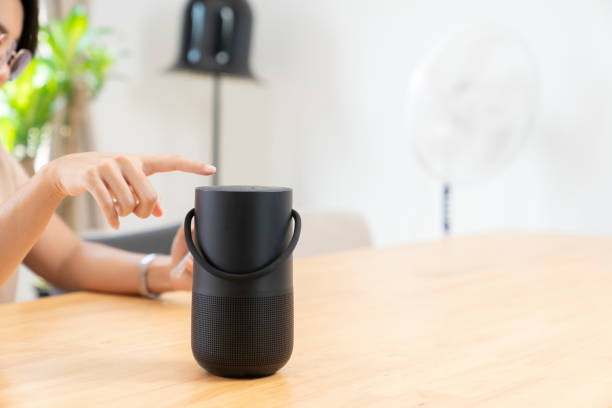 istock Home modern technology concept, smart portable wireless speaker on the table. 1802280859