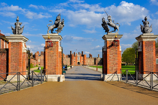 London, UK - April 2018: Entrance to Hampton Court palace