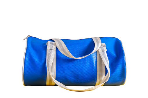 Closeup sport blue bag on white background, Bag ready to travel