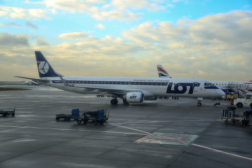 Embraer E175 of the Polish company LOT parked at Frankfurt airport