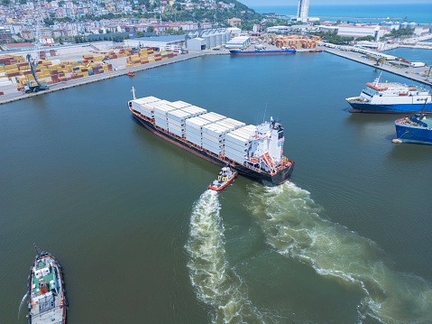 Cargo ship entering the international port.