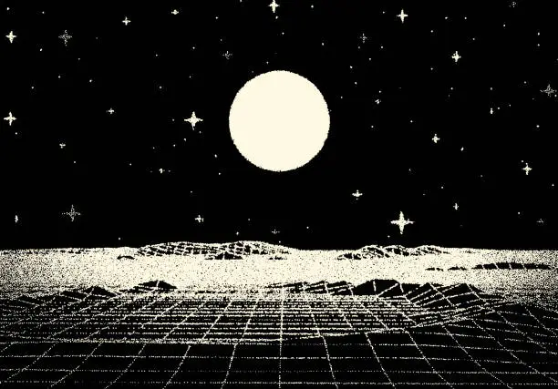 Vector illustration of Retro dotwork landscape with 80s styled sun, grid mountains and stars background from old sci-fi book or poster.