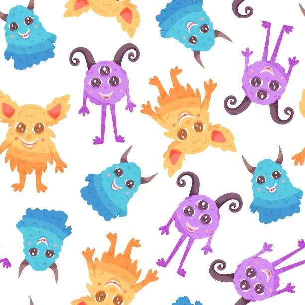 Vector illustration of Funny kids seamless pattern with monsters in cartoon style