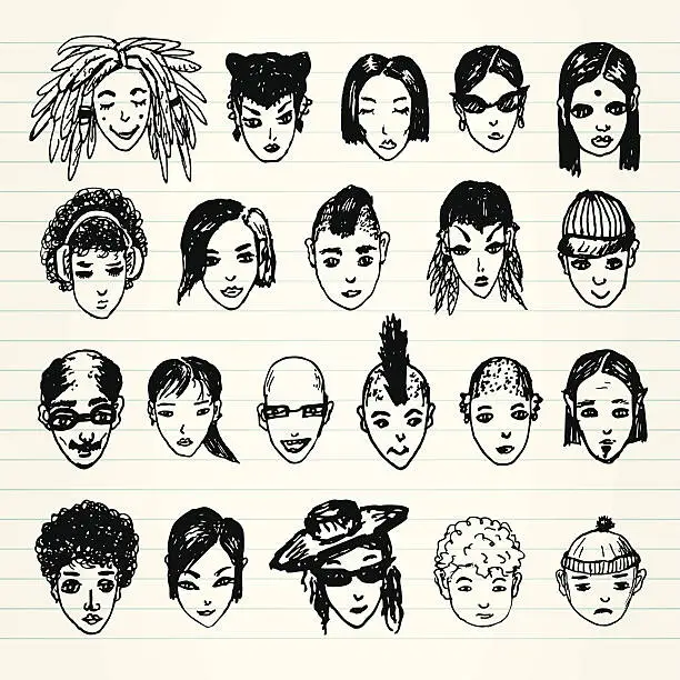 Vector illustration of hand drawn teenagers faces